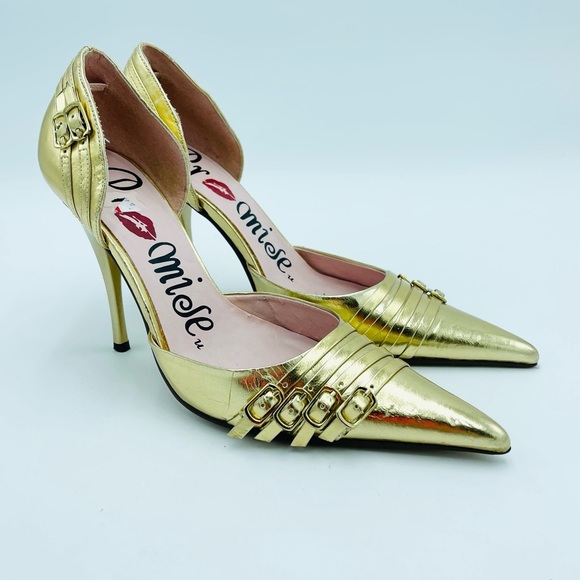 Chrome Gold Metallic Shiny Buckle Pointed Toe Stilettos - Picture 1 of 8